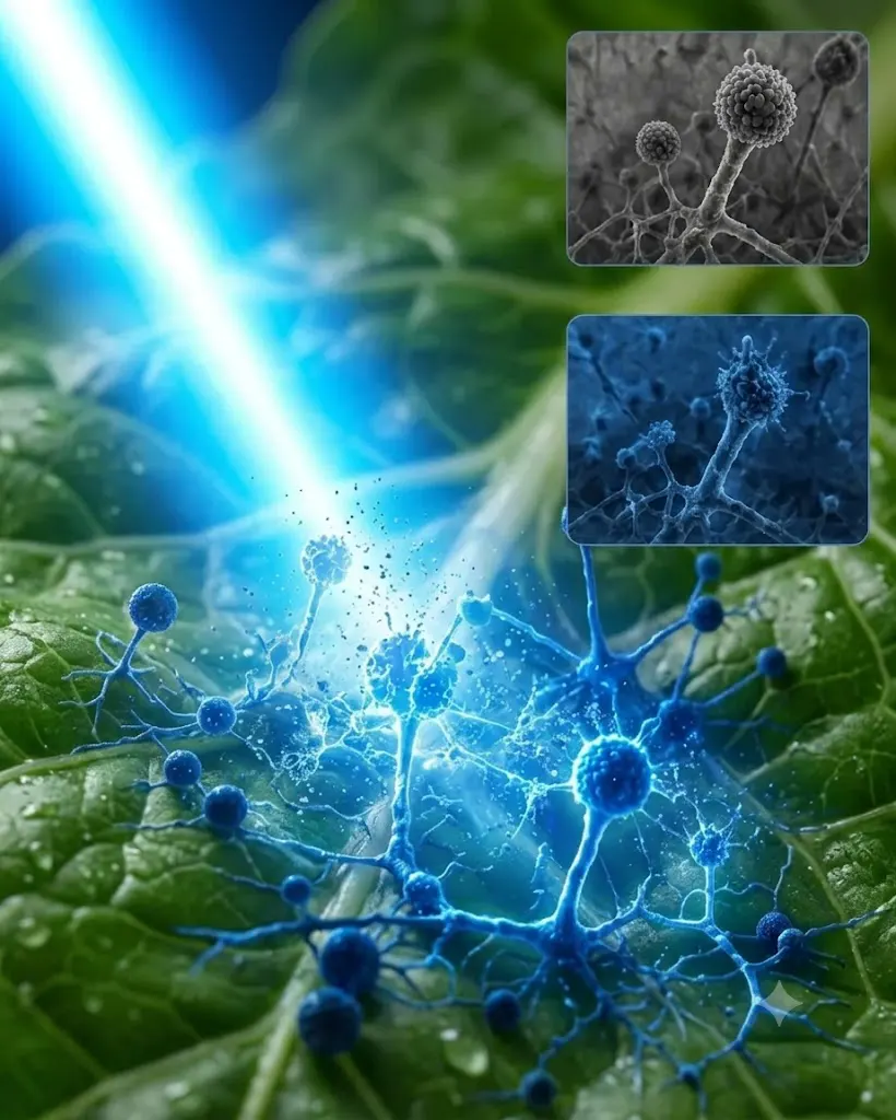 Luz UV-C germicida aplicada sobre una hoja de hortaliza fresca para reducir coliformes y bacterias