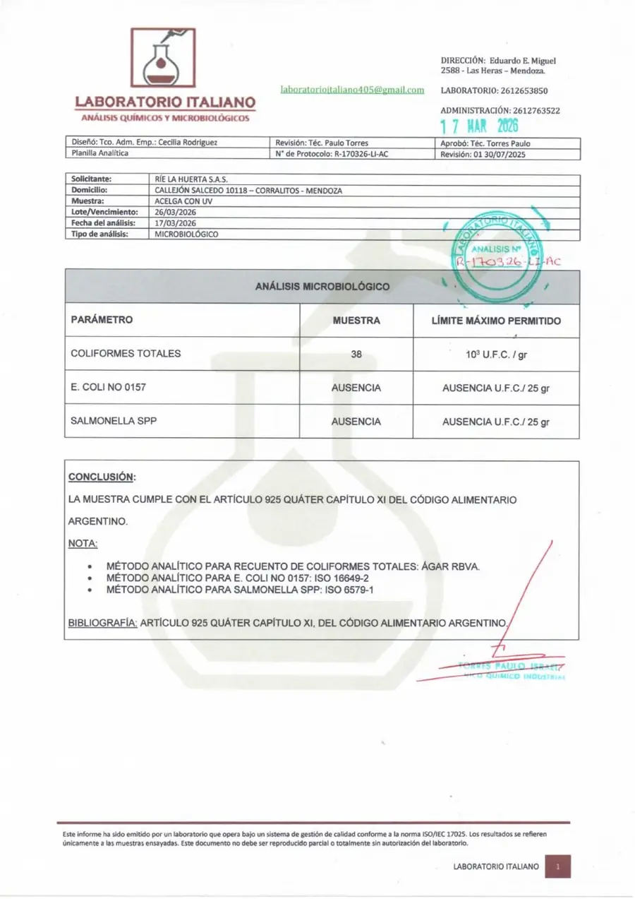 Informe de laboratorio de coliformes totales en acelga tratada con luz UV-C: 38 UFC/g, Rie La Huerta, Mendoza