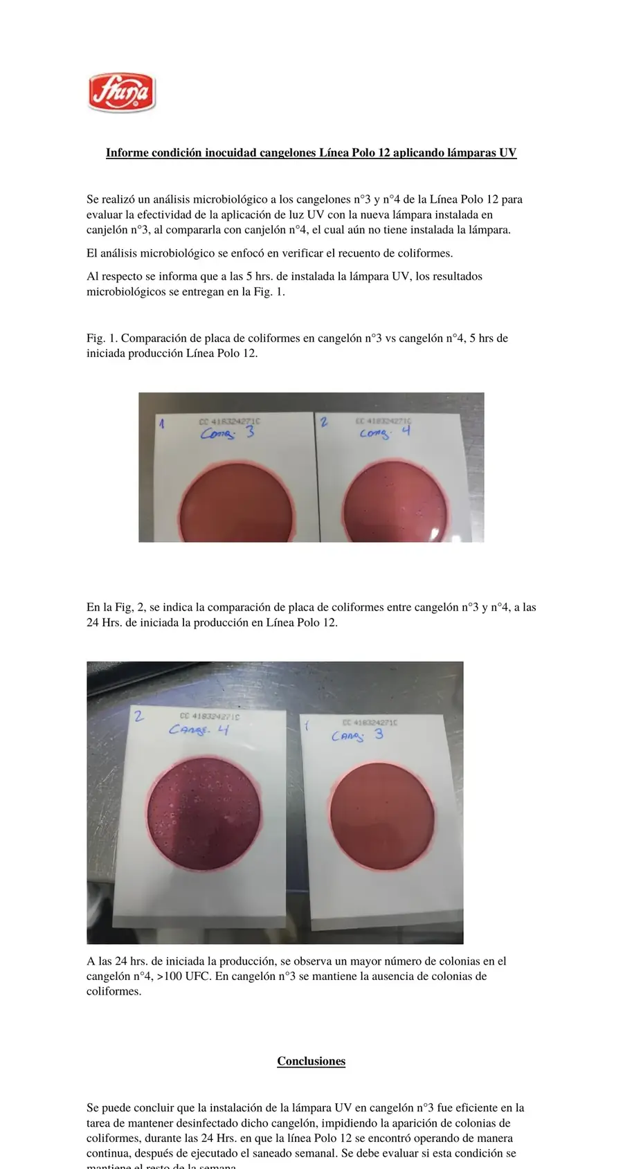 Informe de coliformes en canjelón de la línea de helados de Fruna, comparando el equipo con y sin lámpara UV-C