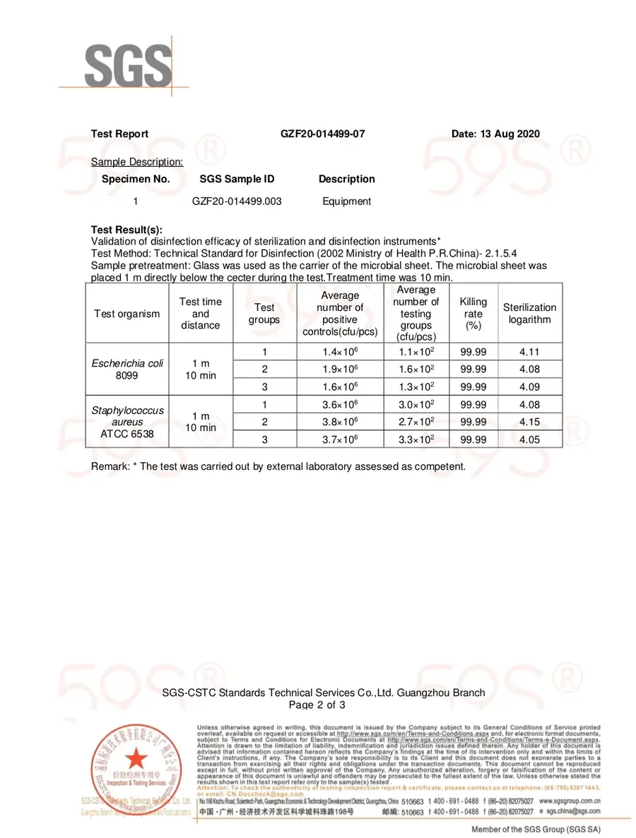 Informe de ensayo SGS Test Report GZF20-014499 de inactivación del virus H1N1 con luz ultravioleta UV-C UV-Life