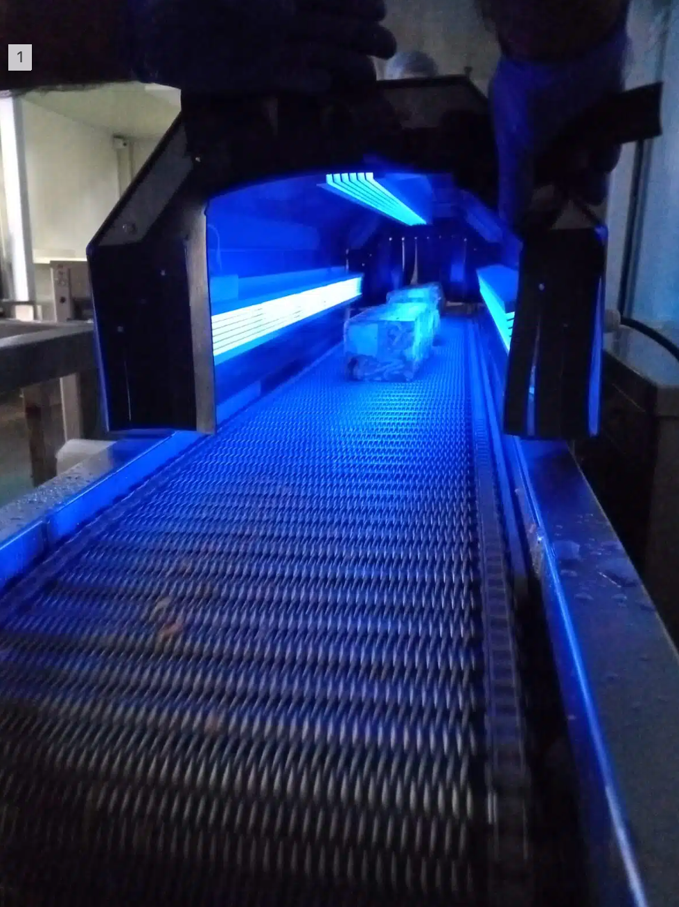 Túnel de sanitización UV-C sobre banda transportadora de una fábrica de cecinas