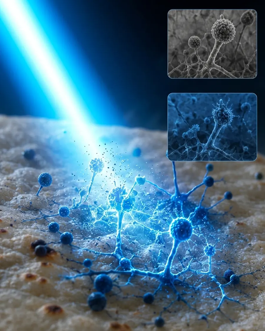 Representación conceptual de la acción de la luz UV-C sobre hongos en una tortilla.